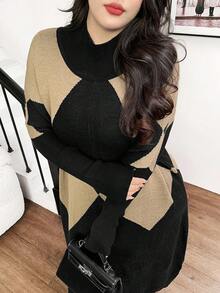 Feyla 大码菱形图案宽松优雅长袖毛衣裙 - 彩色 - 查看 5