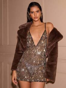 SHEIN PETITE Women's Fashionable Sexy Sequin Sheer Mesh Backless Spaghetti Strap Mini Dress Vegas Dress Gold Cocktail Dress Sequence Dress Bling Dress Gold Sequin Dress - Black and Gold - View 7