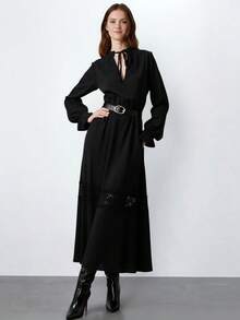 Maija 女士纯色系带领休闲长袖连衣裙 - 黑色 - 查看 9
