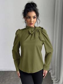 Rafferiza 女式纯色优雅百搭系带领泡泡袖衬衫 - 軍綠色 - 查看 6