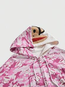 Paul Frank X ROMWE Y2K Kpop 亚文化 Baddie 街头服饰迷彩猴子印花撞色宽松连帽卫衣 - 粉色 - 查看 3
