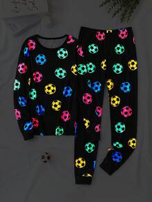 2 Piece Sets Snug Fit Teen Boy Football Print Crew Neck Long Sleeve Top And Pants Casual Pajama Set, Suitable For Spring, Autumn, Winter, Indoor And Outdoor Wear, With Special Christmas Vibe Design,Boys Outfit Sets, Teen Long Sleeve Pajama - Multicolor - View 3