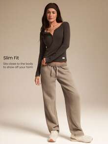 GLOWMODE Modal Ribbed Cozy Confidence Soft Stretchy Breathable Distressed Curved Neckline Buttons Hip Length Long Sleeve Top  Daily Casual Wear Spring Summer - Brown - View 4