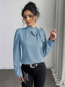 Rafferiza 女士纯色优雅百搭系领泡泡袖衬衫 - 藍色 - 查看 6