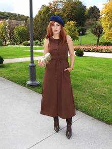 Gretanique Gaun Wanita Cokelat, Kerah Bulat, Kancing Tunggal, Tanpa Lengan - Coklat - View 1