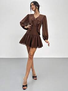Firerie Spring Ruffle Detail Long Sleeve Mini Dress Elegant Layered Chiffon Fall Winter Holiday Wedding Guest Statement Blouson Sleeve Flowy Feminine Cocktail Party Boho - Brown - View 8