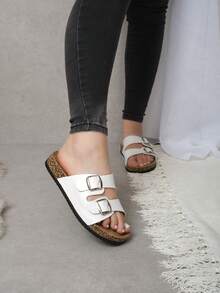 Sandalias de playa de moda para mujer con doble hebilla, suela de corcho ergonómica, planas de punta abierta, transpirables, versátiles y cómodas para caminar al aire libre - Blanco - Ver 1