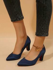 Zapato de mujer en terciopelo azul, punta fina sin cordones, tacón delgado, estilo elegante minimalista para fiestas y oficina - Azul - Ver 3