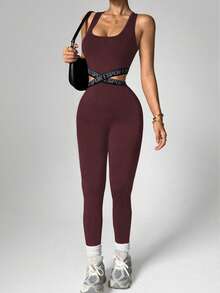 Dewbera Tuta da donna per attività sportive, scollo a U, vita elastica, schiena incrociata, lunghezza 3/4, adatta per uso quotidiano, running, yoga, palestra