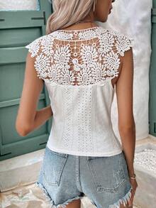 SHEIN Frenchy 女士背心，蕾絲拼接法式紋理背心 - 白色 - 查看 2