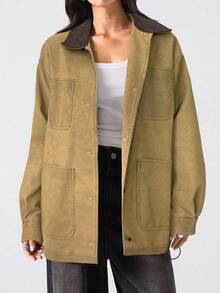 LYSMO Áo khoác cổ màu tương phản thời trang thu đông dành cho nữ - Màu Khaki - Xem 4