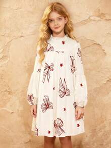 少女休闲可爱圣诞蝴蝶结连衣裙，适合家庭聚会 - 彩色 - 查看 1