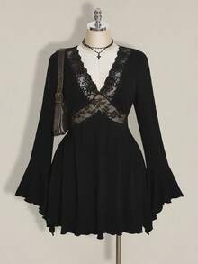 SHEIN ICON Váy ren đen chắp vá cỡ lớn dành cho nữ - màu đen - Xem 4