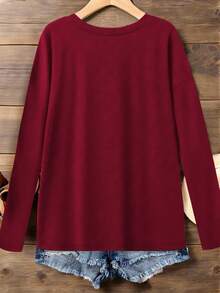 EMERY ROSE Women's V-Neck Loose Casual Versatile Bestselling T-Shirt, Autumn/Winter - Burgundy - View 2