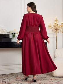 Modelyn 大码V领长袖水钻装饰连衣裙 - 酒紅色 - 查看 2