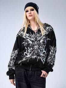 ROMWE EDITION Oversized Thorn Print Zip-Up Sweatshirt For Women - Black - View 6