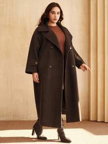 Anewsta Plus Size Women's High-End Elegant Stand Collar Loose Mid-Length Dark Overcoat, Suitable For Fall, Winter, Spring, New Year, Party, Wedding, Elegant, Chic, Stylish, Casual, Work, Going Out, Formal, Christmas - Coffee Brown - View 6