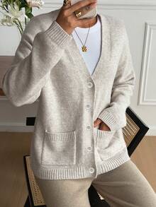 Livesso Áo khoác cardigan dài tay tối giản màu trơn có túi dành cho nữ, thích hợp mặc hàng ngày vào mùa thu - Màu be - Xem 5