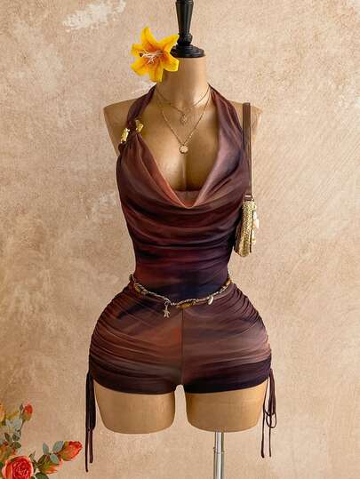 Soleia Women's Retro Ombre Print Mesh Metal Decor Layered Ruffle Plunging Neck Jumpsuit, Sexy Slimming Fashion For Party, Date, Valentine's Day, Carnival, Easter, Western, Cruise, Holiday, Beach, Music Festival, Boho Vacation, Suitable For All Seasons Brown Romper Women Bodysuits For Women Romper Beach Club Outfit Havana Nights Outfit Beach Dinner Outfit Sexy Vacation Outfits