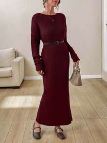 EURMUSE Boat Neck Ribbed Knit Midi Dress – Earthy Brown | Oversized Fit With Textured Stitch - Burgundy - View 4