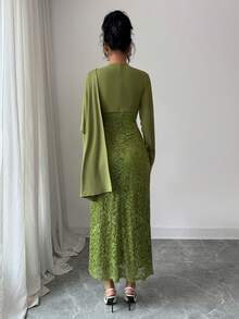 SHEIN Elenzya Women's New Military Green Knit Lace Patchwork Round Neck Shawl Collar High Waist A-Line Long Sleeve Zipper Lace Ruffle Hem Mid-Length Elegant Sophisticated Versatile Little Black Dress, Suitable For Banquet, Party, Date, Autumn/Winter - Army Green - View 2