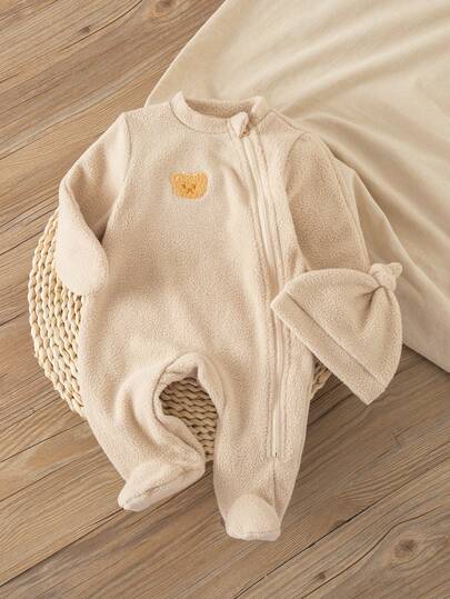 Conjunto de 2 piezas de top de manga larga y pantalones de peluche para recién nacido con cremallera, patrón bordado de cereza y gorro, ropa de casa de unicolor, otoño/invierno