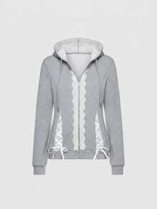 ROMWE Y2K 风格芭蕾女孩休闲撞色蕾丝前开帽衫 - 灰色 - 查看 9