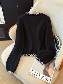 SHEIN Franclia French Romantic Contrast Color Ruffle Trim Cardigan, Commuter Style - Black - View 2