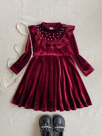 PrepCrw 1pc Young Girls' Elegant Urban Collegiate Pearl & Ruffle Trim Stand Collar Long Sleeve Velvet Dress, Suitable For Outings, Gatherings, Holidays, Parties, Autumn, Winter, Spring, Valentine's Day