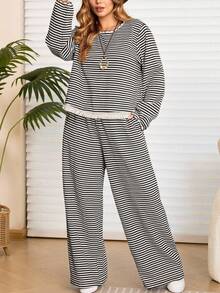 EMERY ROSE 2pcs Plus Size Women Black And White Striped 2 Pieces Lounge Sets,Autumn Boho Everyday Round Neck Long Sleeve Lace Trim Tassel T-Shirt & Wide Leg Pants - Black and White - View 6