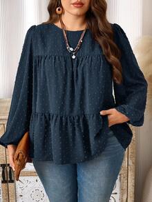 EMERY ROSE Blusa holgada con mangas farol, dobladillo con volantes y lunares, para talla grande, para uso casual o laboral, otoño - azul real - Ver 1