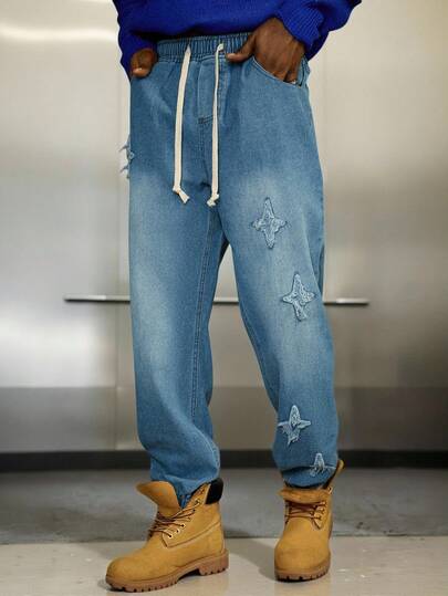 PAVTROS 优质蓝色弹性腰部抽绳下摆百搭牛仔裤