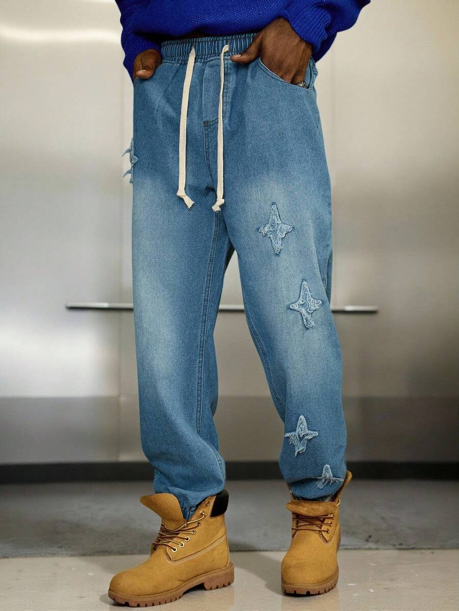 PAVTROS 优质蓝色弹性腰部抽绳下摆百搭牛仔裤 - 藍色 - 查看 1