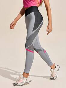 Exploreva Contrast Color Patchwork High Waist Seamless Sports Leggings - Grey - View 4
