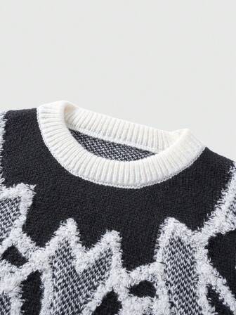 Street Life كنزة صوفية كاجوال بياقة طاقم مصنوعة من نسيج جاكار مضفر بأكمام طويلة وفضفاضة