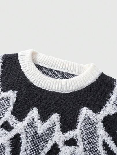 Street Life كنزة صوفية كاجوال بياقة طاقم مصنوعة من نسيج جاكار مضفر بأكمام طويلة وفضفاضة