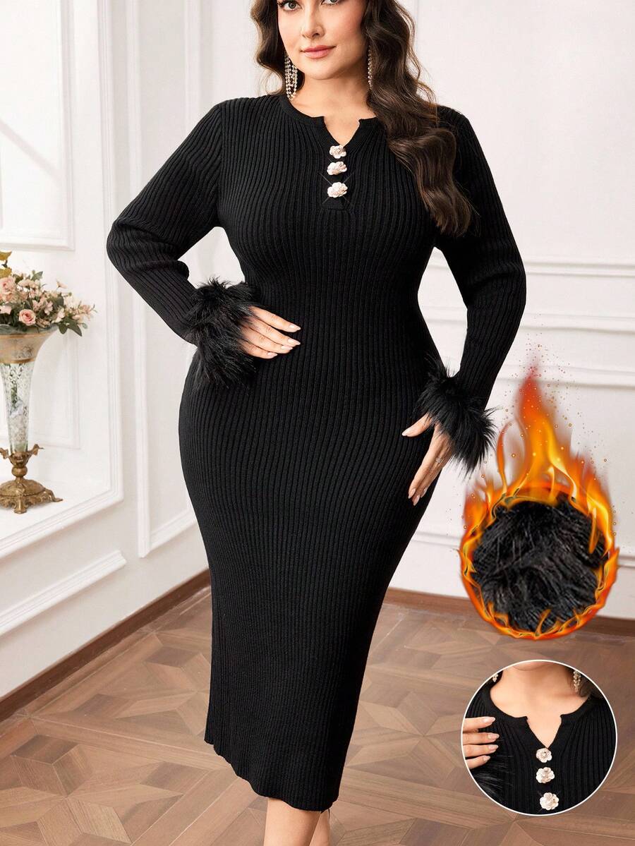 Modelyn Große Größen Damen Pailletten 3D Blumen Dekor Splice Flauschige Manschette Figurbetontes elegantes Strickkleid - Schwarz - Übersicht 1
