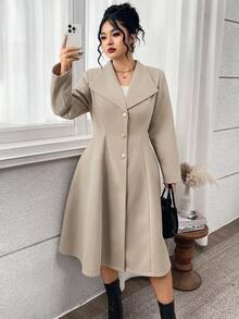 Modelyn Plus Size Women's Solid Color Lapel Long Sleeve Single-Breasted Casual Jacket, Autumn/Winter - Apricot - View 5