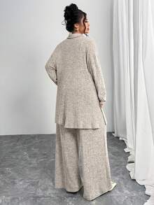 Modelyn 大码女式纯色落肩长袖单排扣长袍和裤子阿拉伯套装 - 杏色 - 查看 2