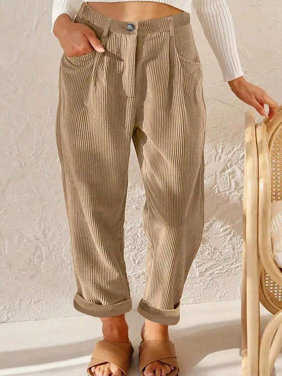 EMERY ROSE Quần ống đứng vải nhung kẻ kaki cỡ lớn dành cho nữ - Màu Khaki - Xem 1