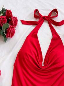 Soleia Women's Holiday Red Rose Textured Halter Mini Dress, Sexy Beach, Date, Holiday, Beach Vacation, Afternoon Tea, Party Dress, Wedding Season, Beach Cruise Vacation, City Vacation, Boho Vacation, Music Festival, Hippie, Western, Valentine's Day Dress, Valentine's Day Outfit, Festival, New Year Red Rose Dress Red Dress Summer Red Vacation Outfit Red Vacation Dress Red Dress Birthday Red Dress Short - Red - View 3