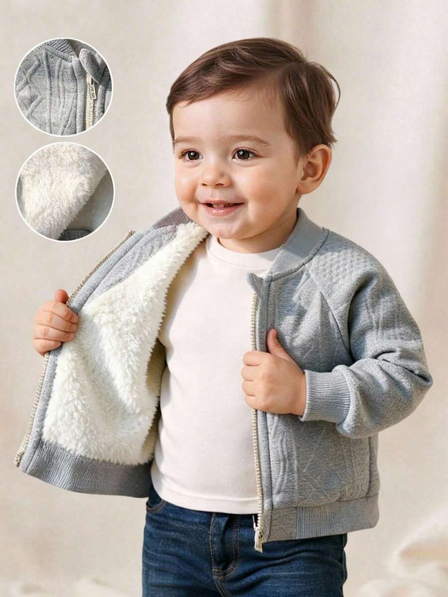 SHEIN Abyboy Babygirl 灰色纹理面料休闲夹克，适合秋冬季 - 灰色 - 查看 1