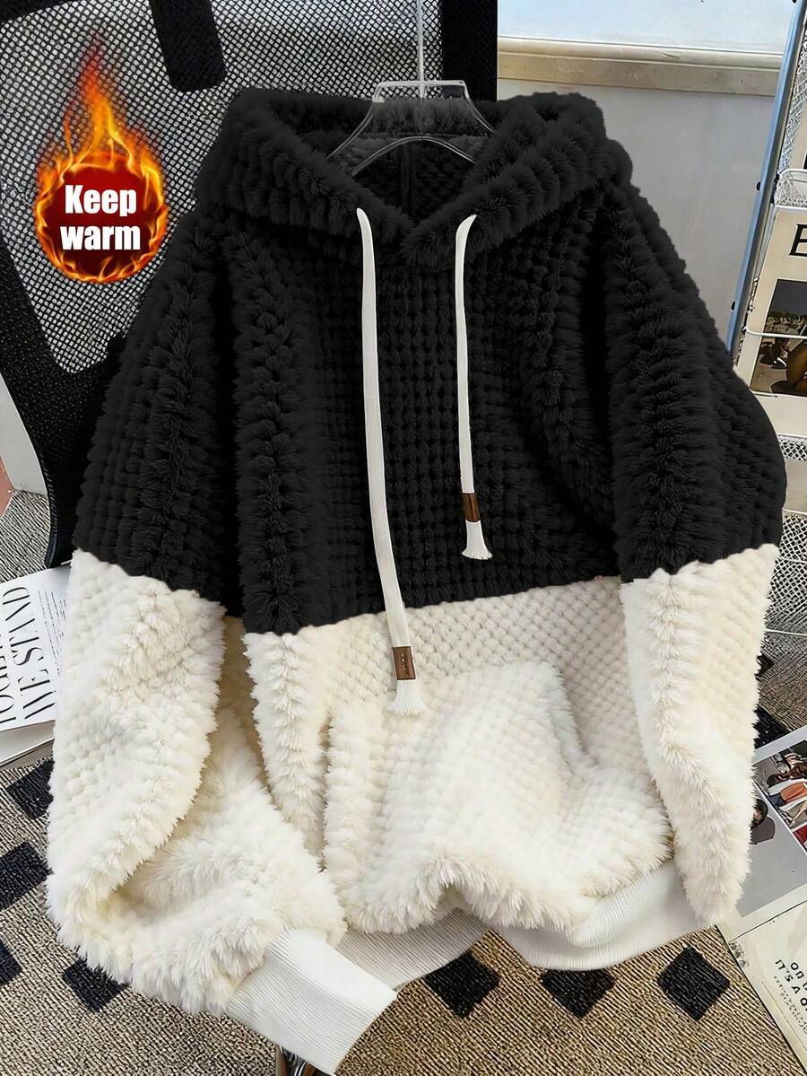 GlowEve 2025秋冬季休闲日常穿着高端设计拼接撞色连帽羊羔绒套头卫衣，厚实宽松，百搭 - 彩色 - 查看 1