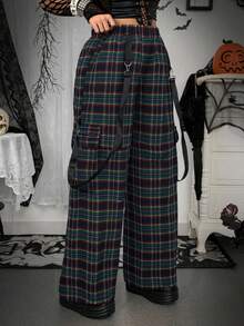 Whyspr 大码女式万圣节格子阔腿朋克休闲工装裤 - 墨綠色 - 查看 8