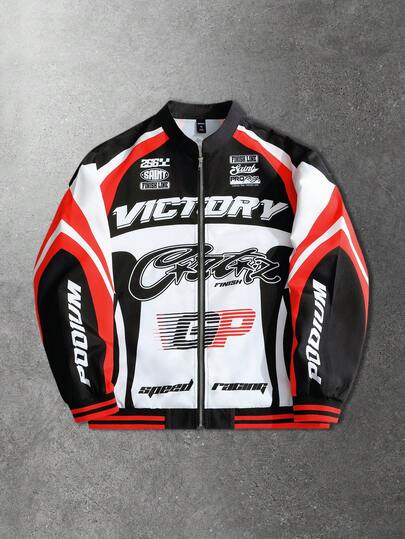 Street Life Men's Racing Element & Letter Print Jacket, Suitable For Autumn/Winter