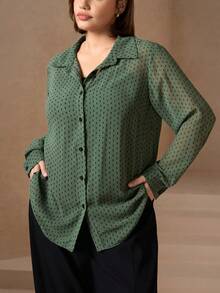 Chikora Plus Size Polka Dot Print Casual Commuter Shirt, Autumn - Green - View 7