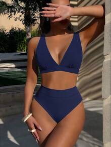 SHEIN Swim 2026 春夏海军蓝深V领纯色性感度假高开叉比基尼泳装两件套女士 - 藏蓝色 - 查看 6