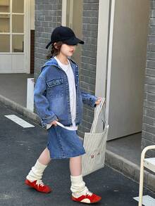 SHEIN Denimly Tween 女童学院风休闲日常都市街头牛仔连帽开衫，宽松舒适百搭简约百搭