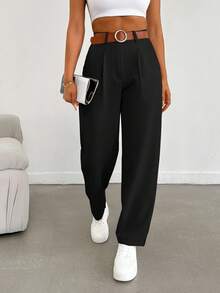 EURMUSE Women Solid Color Pleated Straight Loose Daily Casual Commuting Long Pants - Black - View 4