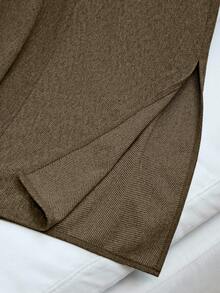 Franclia 女士秋冬人字纹羊毛中长裙，休闲通勤风，宽松版型，高腰设计，开衩剪裁，厚实面料，显瘦效果 - 咖啡棕 - 查看 4